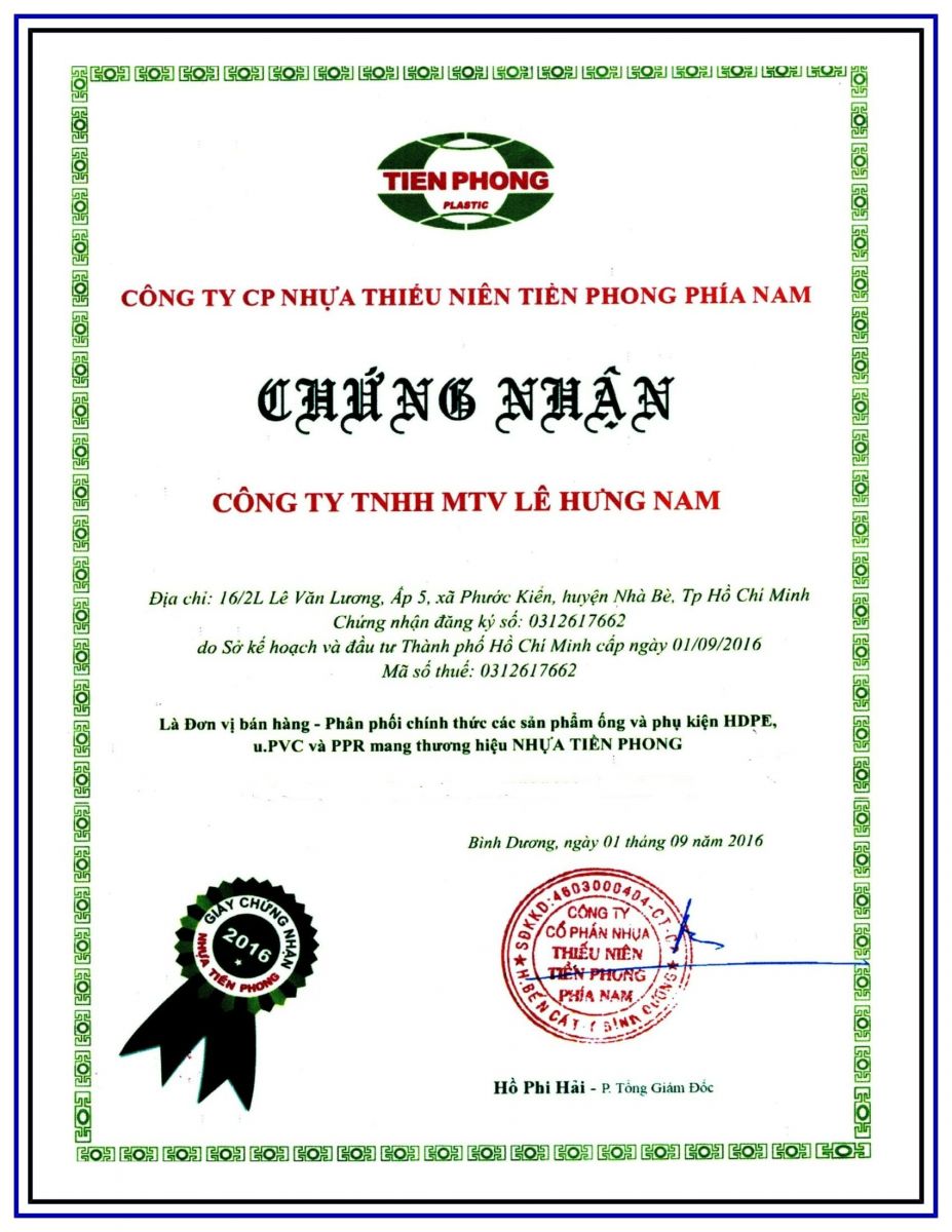 Chứng nhận nhà PP nhựa Tiền Phong - ống nhựa Lê Hưng Nam - Công Ty TNHH MTV Lê Hưng Nam